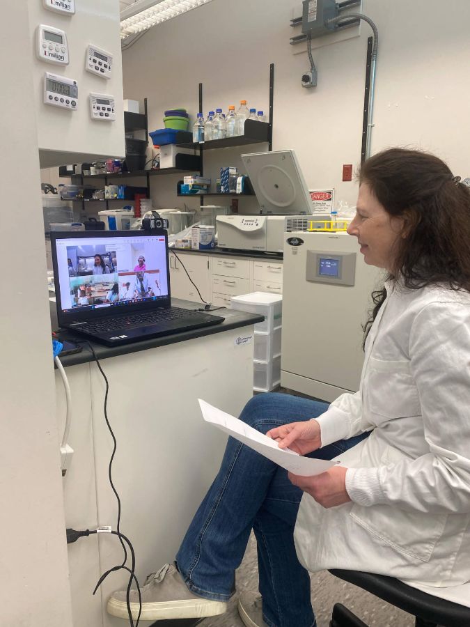 Cora Thiel teaches an online class to students on Nevis. (Image: provided)